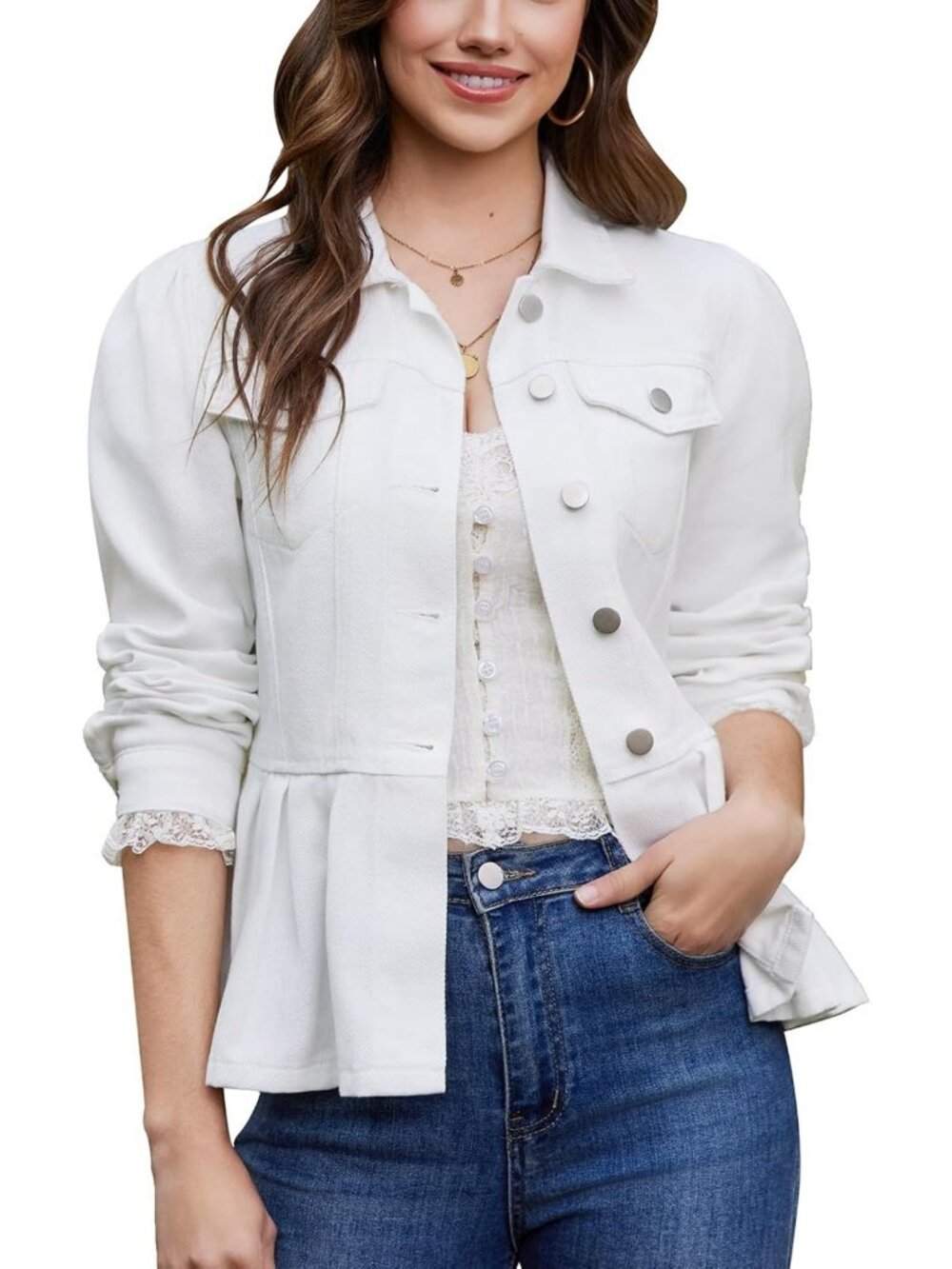 Chic Women's Denim Jacket with Puff Sleeves & Peplum Hem - Stylish Jean
